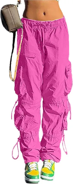 QYANGG Baggy Parachute Pants for Women& Girls Drawstring Elastic Low Waist Ruched Cargo Pants Multiple Pockets Jogger Y2K