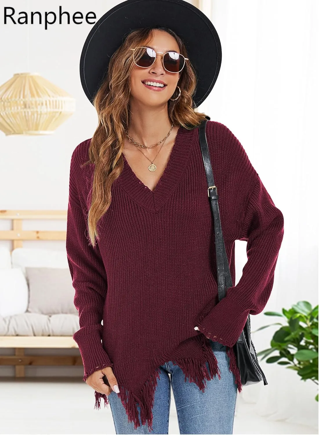 RANPHEE Womens Slouchy Long Sleeve Sweaters Fall Off The Shoulder Cute Baggy Pullover Sweater
