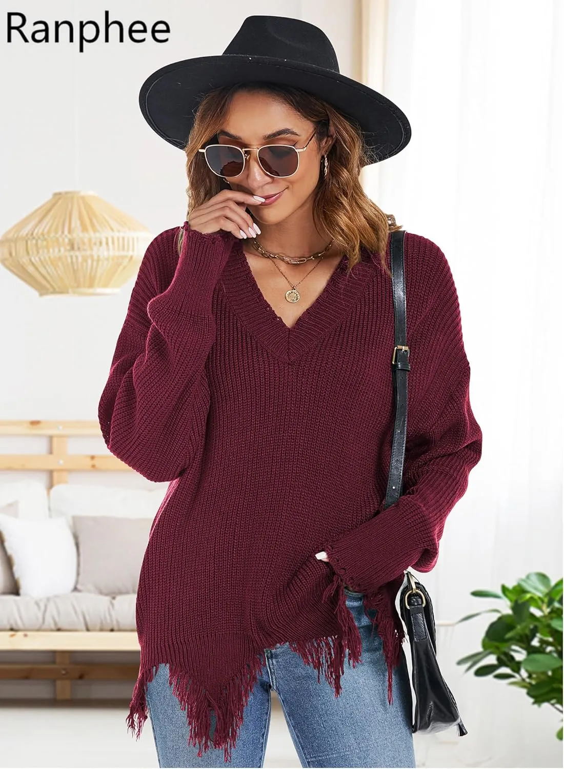 RANPHEE Womens Slouchy Long Sleeve Sweaters Fall Off The Shoulder Cute Baggy Pullover Sweater