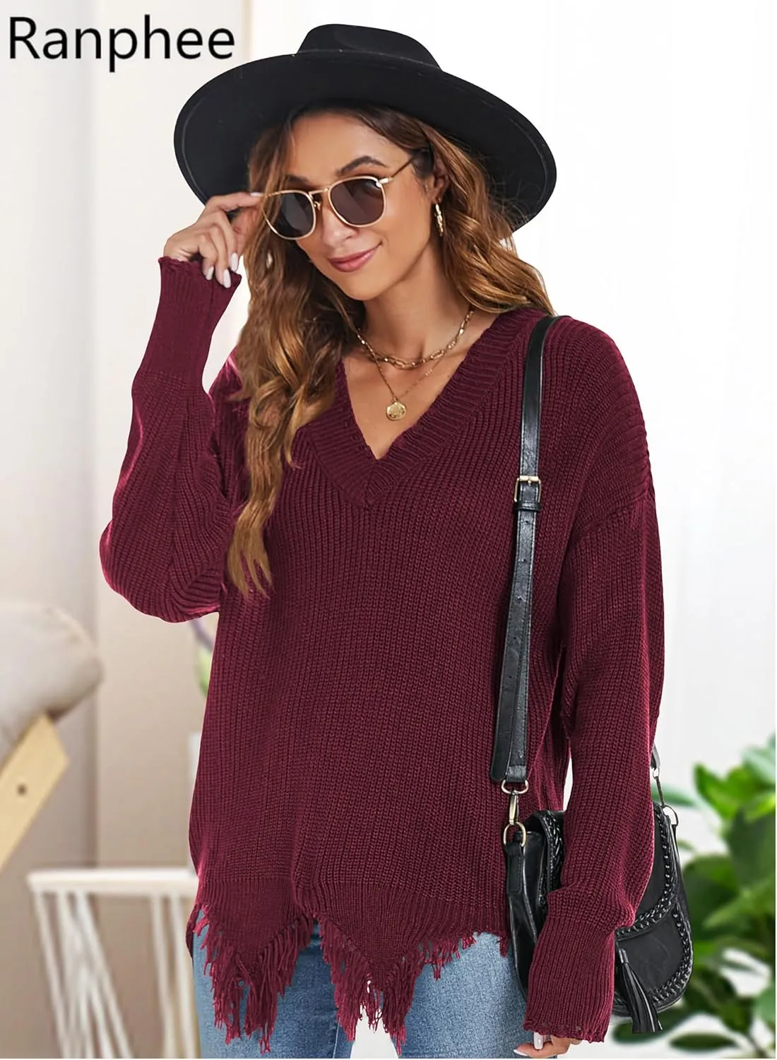 RANPHEE Womens Slouchy Long Sleeve Sweaters Fall Off The Shoulder Cute Baggy Pullover Sweater