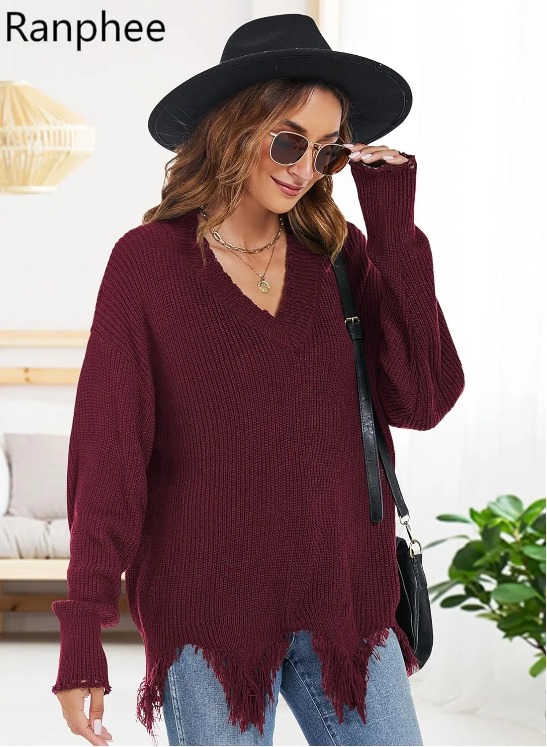 RANPHEE Womens Slouchy Long Sleeve Sweaters Fall Off The Shoulder Cute Baggy Pullover Sweater