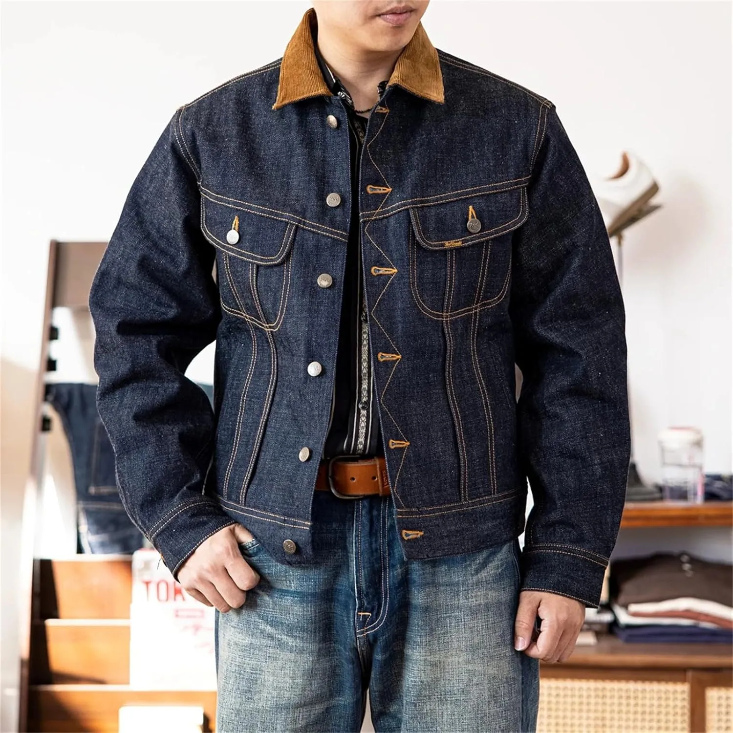 Red Tornado Blanket Lined Jean Jacket 18oz Selvedge Denim Cowboy Short Coat Men