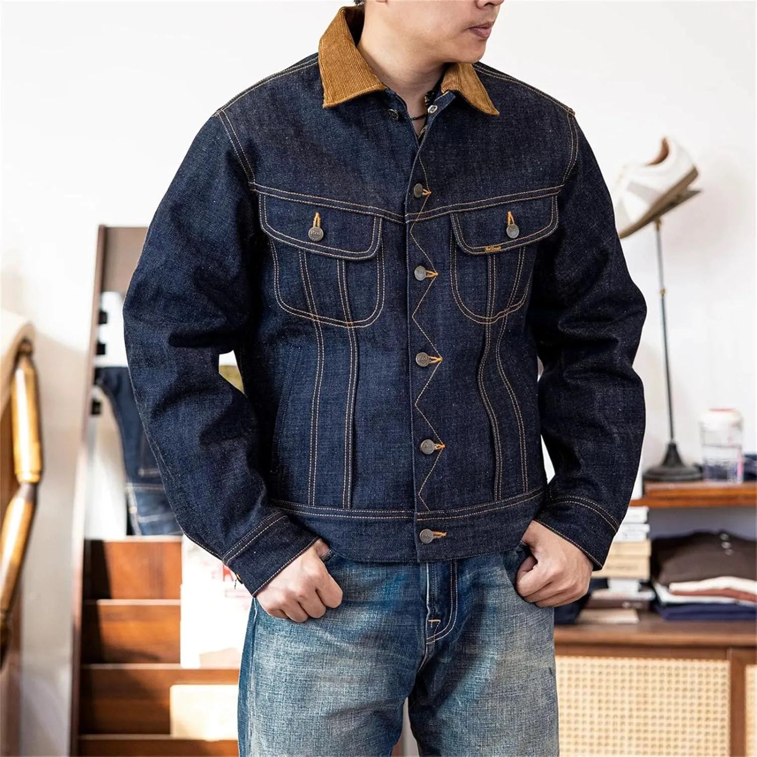 Red Tornado Blanket Lined Jean Jacket 18oz Selvedge Denim Cowboy Short Coat Men
