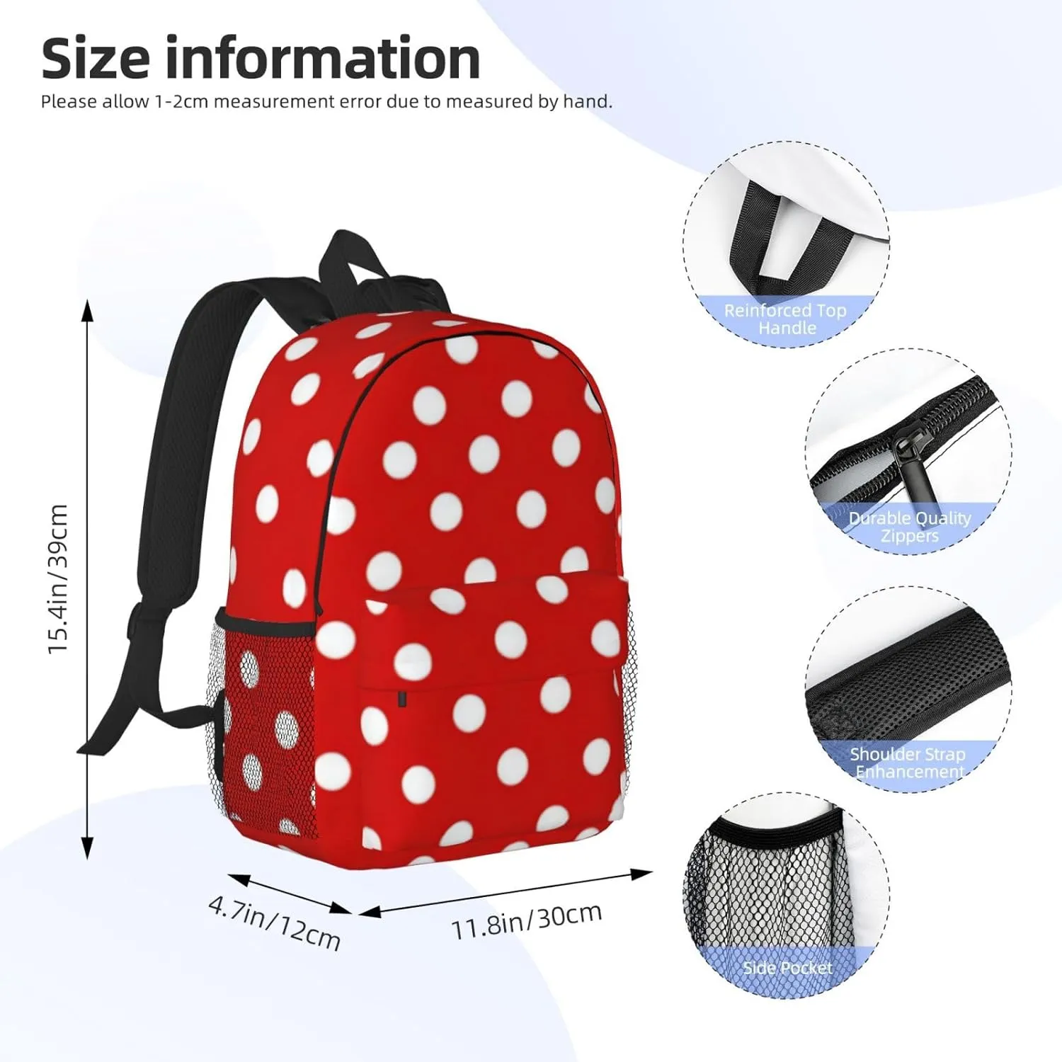 Red White Polka Dots Laptop Backpacks Casual Daypack Travel Backpack Shoulder Bag with Multiple Pockets