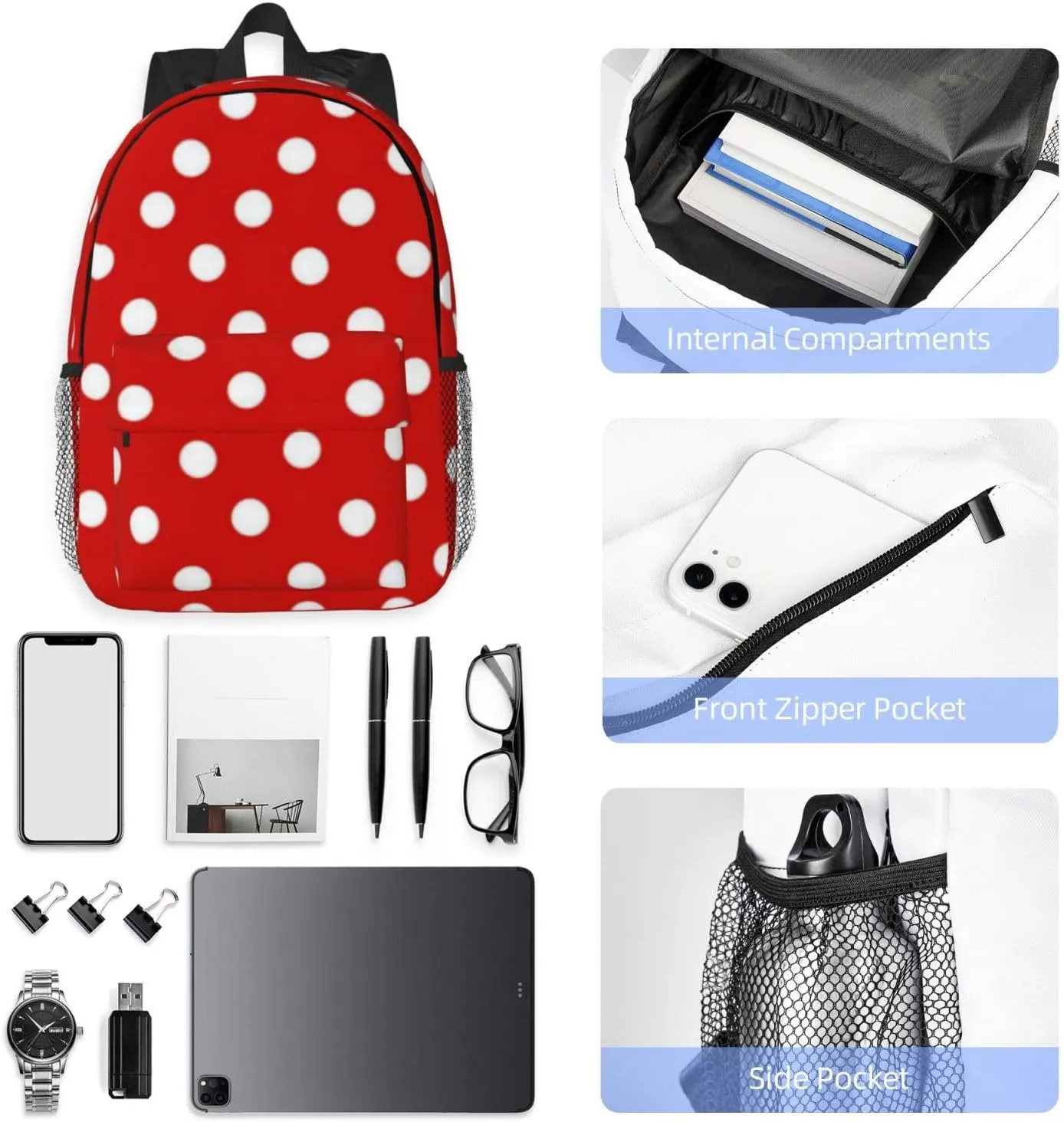 Red White Polka Dots Laptop Backpacks Casual Daypack Travel Backpack Shoulder Bag with Multiple Pockets