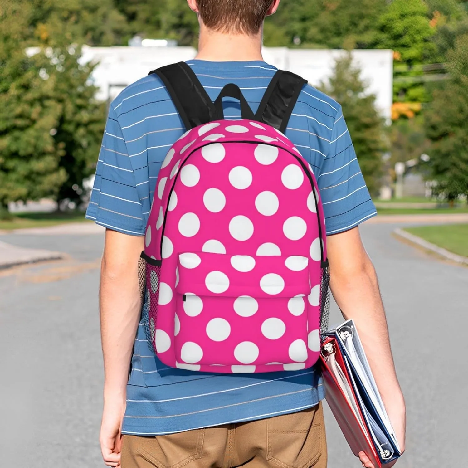 Red White Polka Dots Laptop Backpacks Casual Daypack Travel Backpack Shoulder Bag with Multiple Pockets