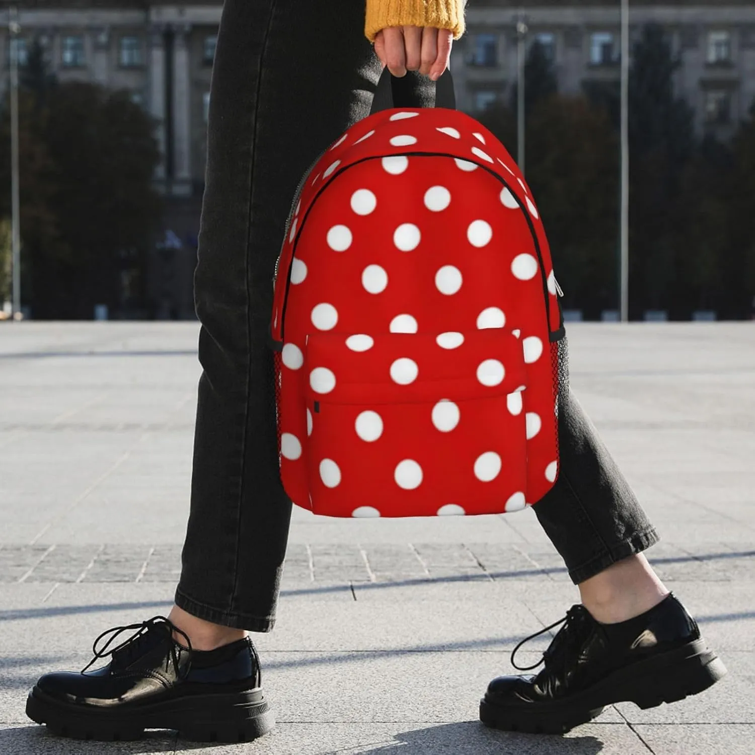 Red White Polka Dots Laptop Backpacks Casual Daypack Travel Backpack Shoulder Bag with Multiple Pockets