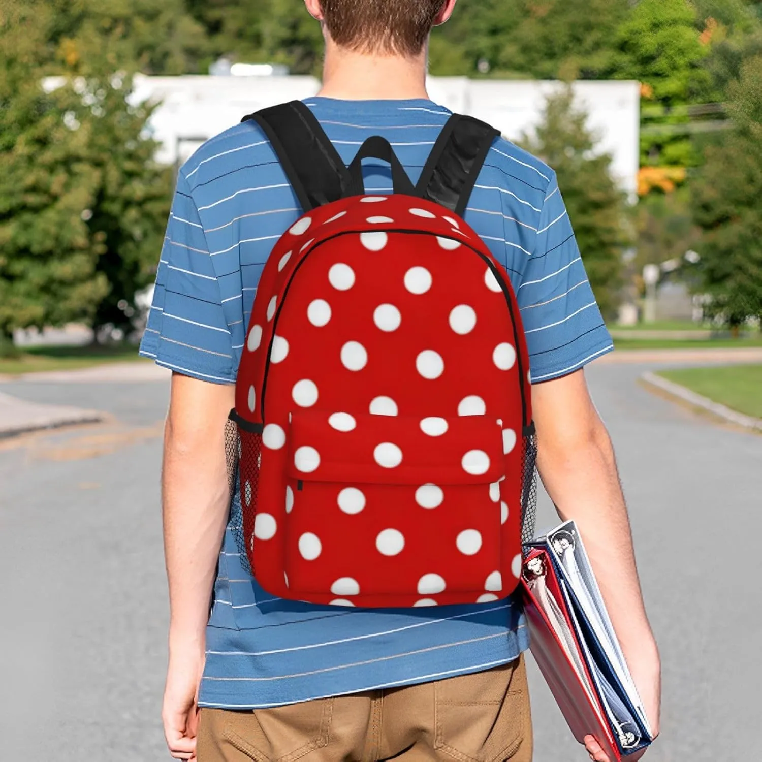 Red White Polka Dots Laptop Backpacks Casual Daypack Travel Backpack Shoulder Bag with Multiple Pockets