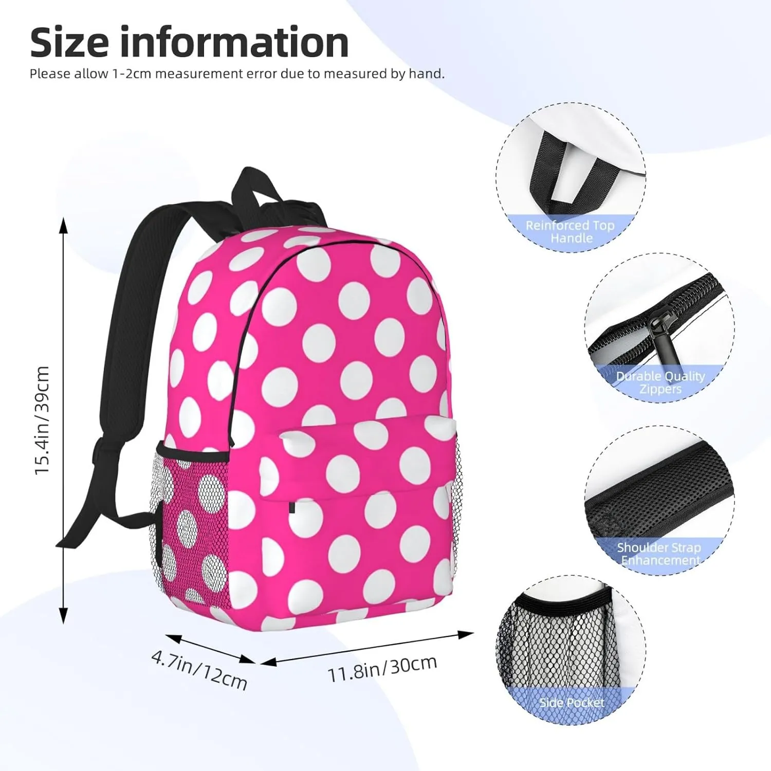 Red White Polka Dots Laptop Backpacks Casual Daypack Travel Backpack Shoulder Bag with Multiple Pockets