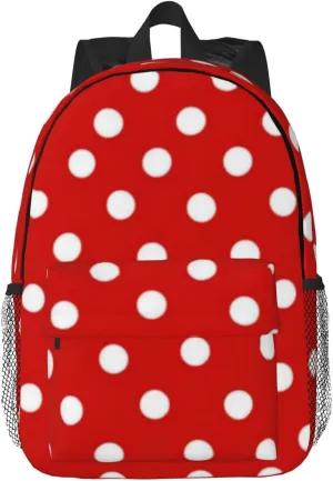 Red White Polka Dots Laptop Backpacks Casual Daypack Travel Backpack Shoulder Bag with Multiple Pockets