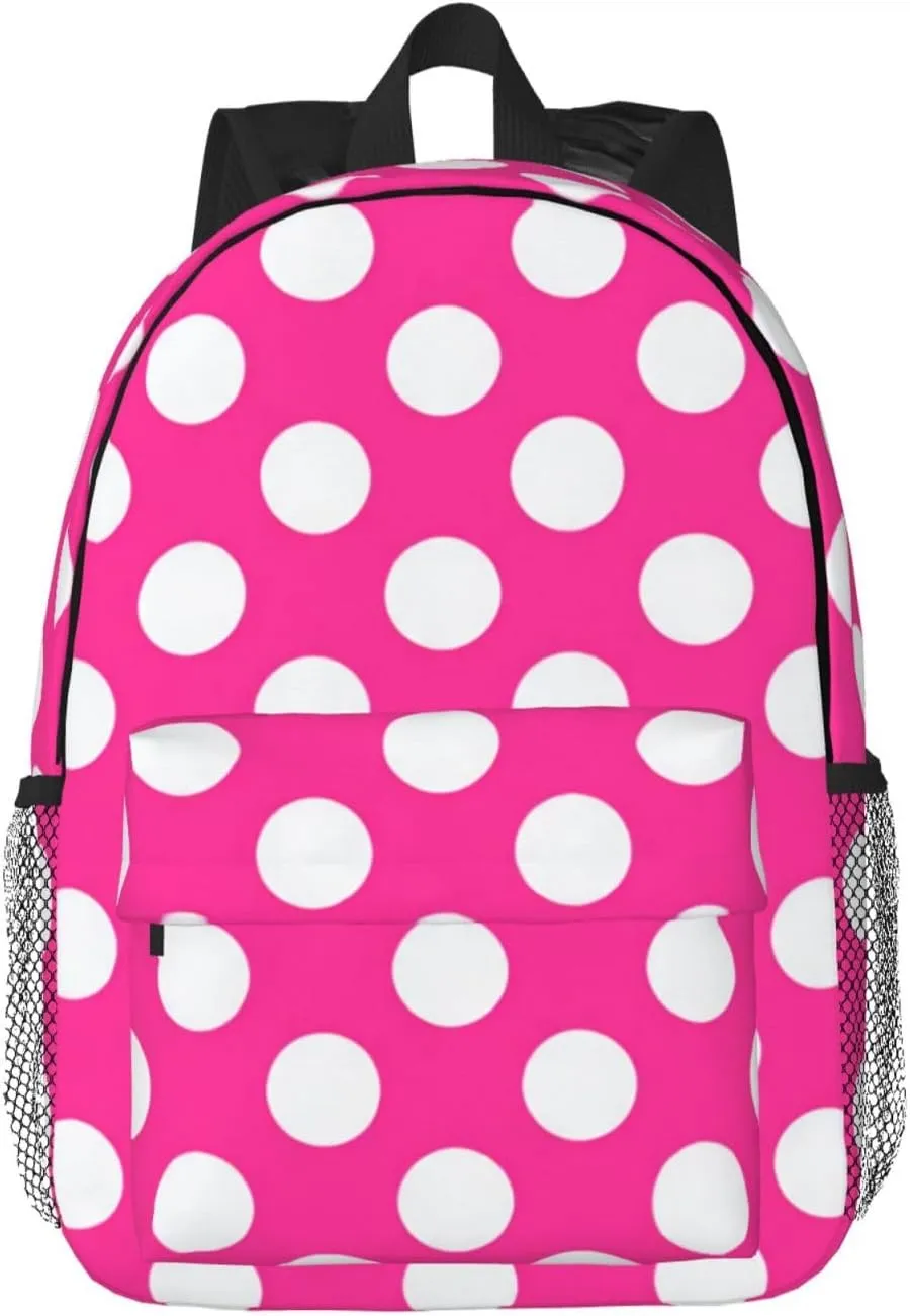 Red White Polka Dots Laptop Backpacks Casual Daypack Travel Backpack Shoulder Bag with Multiple Pockets