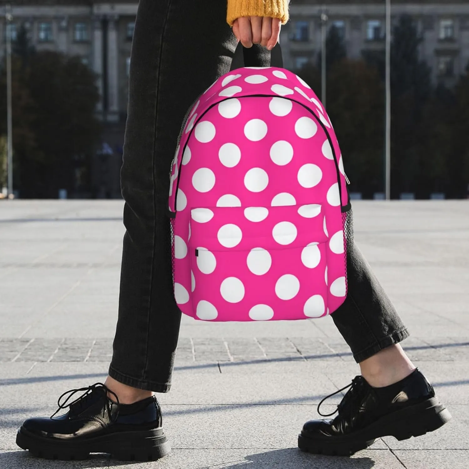 Red White Polka Dots Laptop Backpacks Casual Daypack Travel Backpack Shoulder Bag with Multiple Pockets