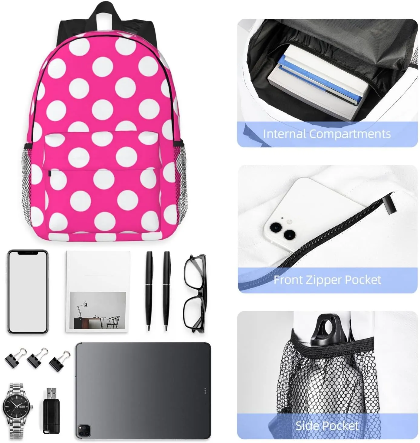 Red White Polka Dots Laptop Backpacks Casual Daypack Travel Backpack Shoulder Bag with Multiple Pockets
