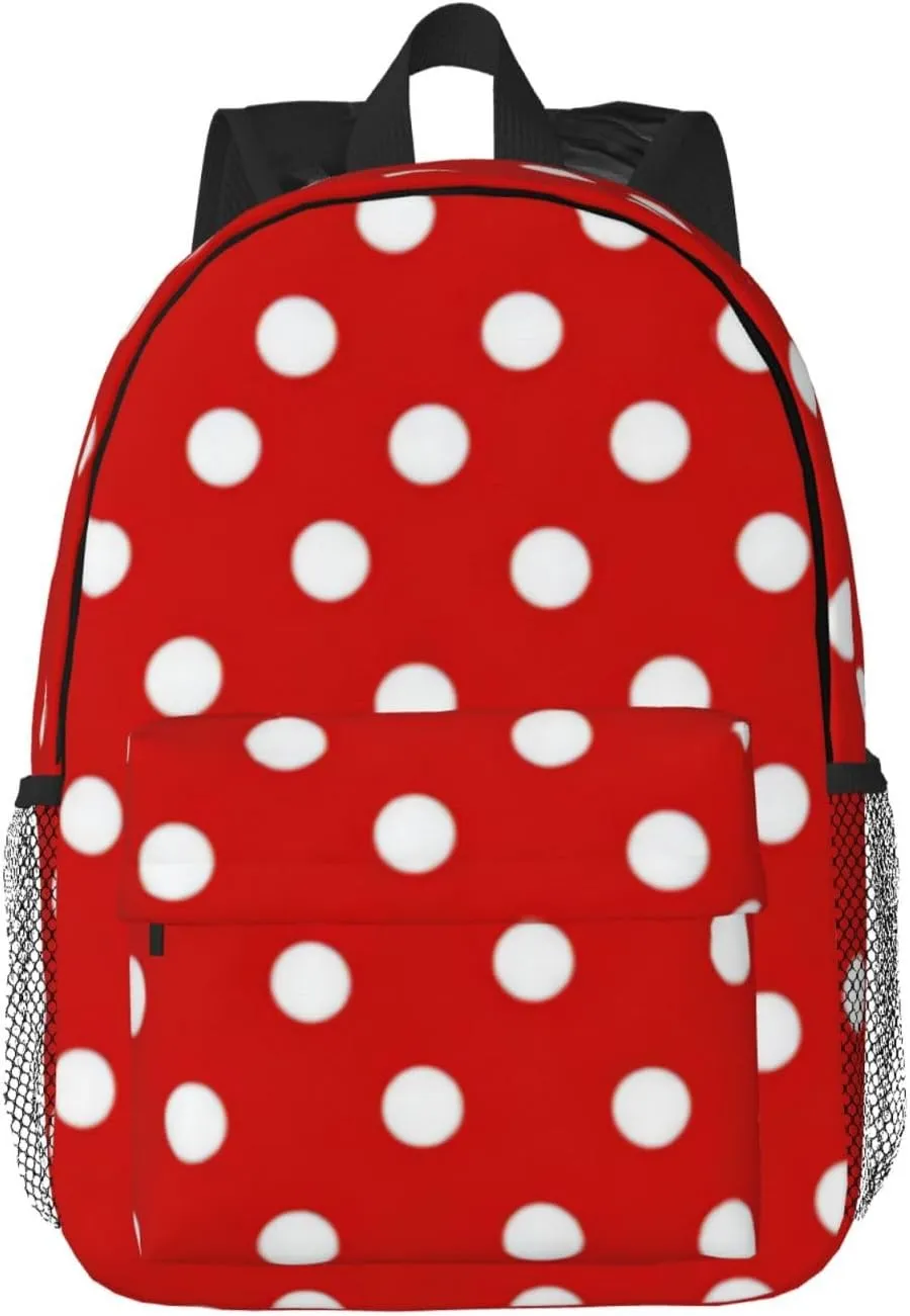 Red White Polka Dots Laptop Backpacks Casual Daypack Travel Backpack Shoulder Bag with Multiple Pockets