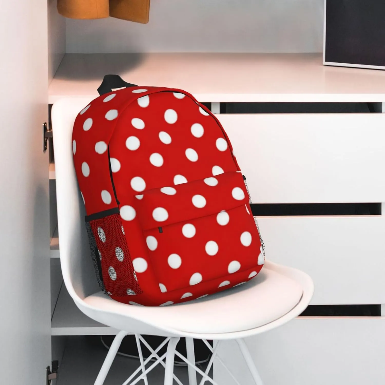 Red White Polka Dots Laptop Backpacks Casual Daypack Travel Backpack Shoulder Bag with Multiple Pockets