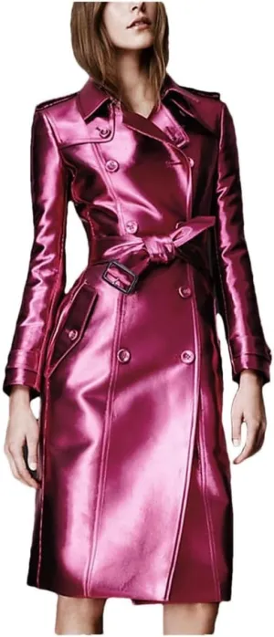 Reflective Patent Leather Trench Coat for Women Double Breasted Long High Street Outerwear