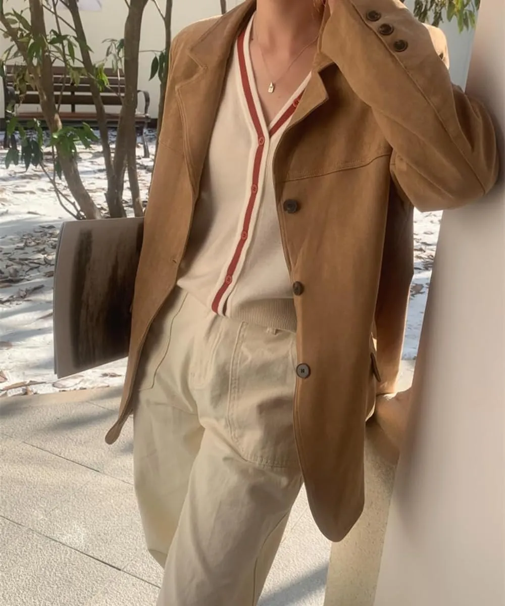 RICHTRUE Old Money Aesthetic Winter Brown Faux Leather Jacket Women Fall Fashion 2024 Trendy Suede Jacket Y2k Outerwear