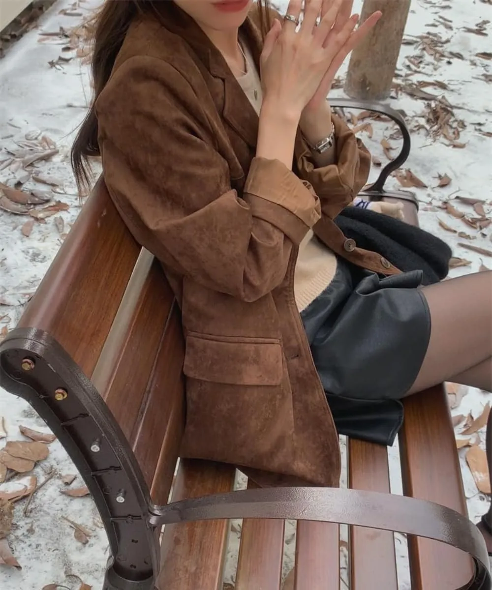 RICHTRUE Old Money Aesthetic Winter Brown Faux Leather Jacket Women Fall Fashion 2024 Trendy Suede Jacket Y2k Outerwear