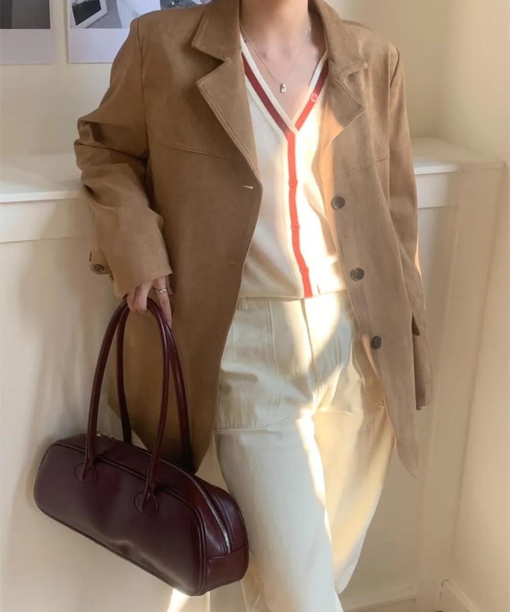 RICHTRUE Old Money Aesthetic Winter Brown Faux Leather Jacket Women Fall Fashion 2024 Trendy Suede Jacket Y2k Outerwear