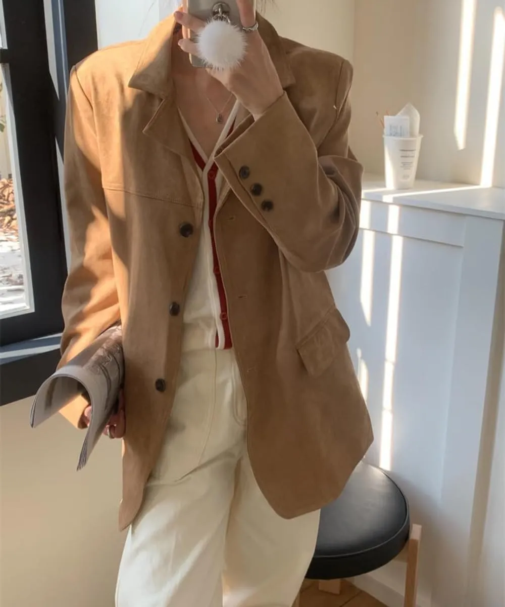 RICHTRUE Old Money Aesthetic Winter Brown Faux Leather Jacket Women Fall Fashion 2024 Trendy Suede Jacket Y2k Outerwear