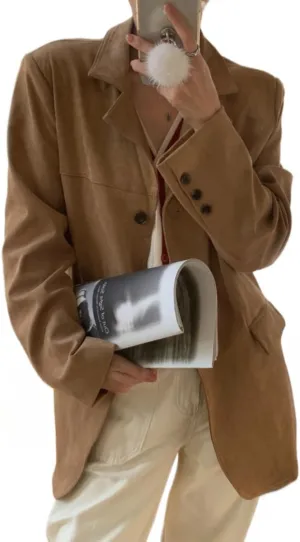 RICHTRUE Old Money Aesthetic Winter Brown Faux Leather Jacket Women Fall Fashion 2024 Trendy Suede Jacket Y2k Outerwear