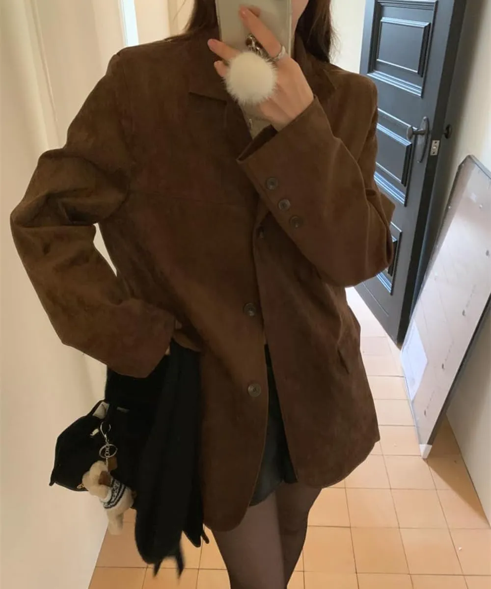 RICHTRUE Old Money Aesthetic Winter Brown Faux Leather Jacket Women Fall Fashion 2024 Trendy Suede Jacket Y2k Outerwear