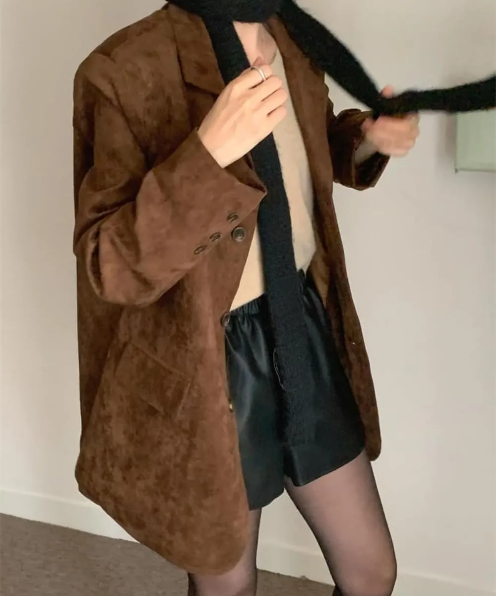 RICHTRUE Old Money Aesthetic Winter Brown Faux Leather Jacket Women Fall Fashion 2024 Trendy Suede Jacket Y2k Outerwear