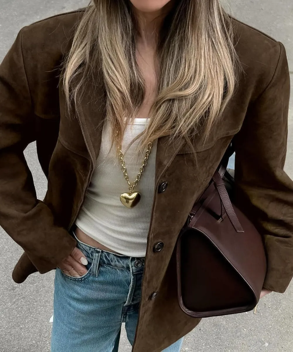 RICHTRUE Old Money Aesthetic Winter Suede Jacket Y2k Outerwear Brown Faux Leather Jacket Women Fall Fashion 2024 Trendy