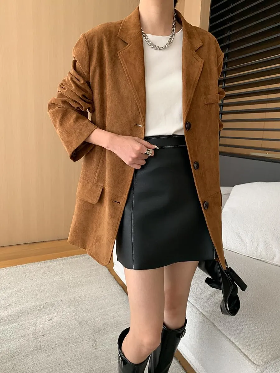 RICHTRUE Suede Jacket Y2k Outerwear Brown Faux Leather Jacket Women Fall Fashion 2024 Trendy Oversized Blazers
