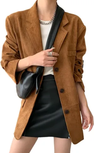 RICHTRUE Suede Jacket Y2k Outerwear Brown Faux Leather Jacket Women Fall Fashion 2024 Trendy Oversized Blazers