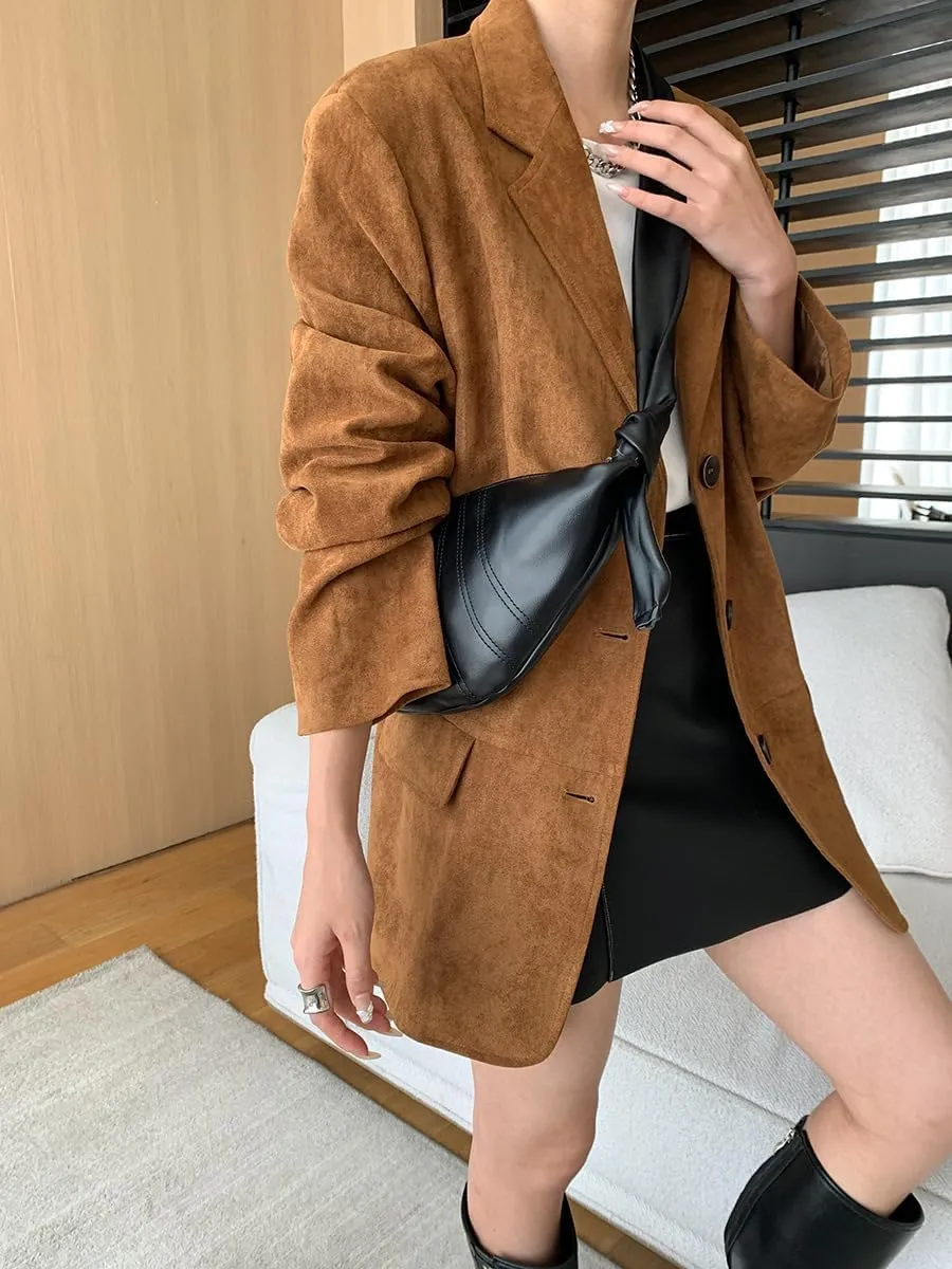 RICHTRUE Suede Jacket Y2k Outerwear Brown Faux Leather Jacket Women Fall Fashion 2024 Trendy Oversized Blazers