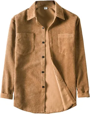 RINTONIX Mens Solid Long Sleeve Ribbed Button Down Corduroy Shirt Jacket Casual Spring Fall Pocket Shacket Jacket