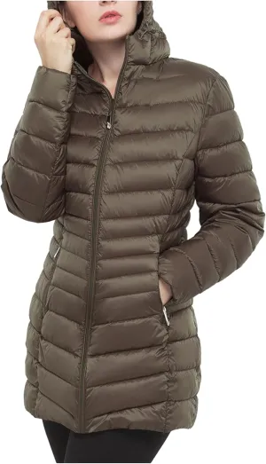 Rokka&Rolla Women's Lightweight Packable Puffer Jacket Water-Resistant Hooded Winter Long Coat