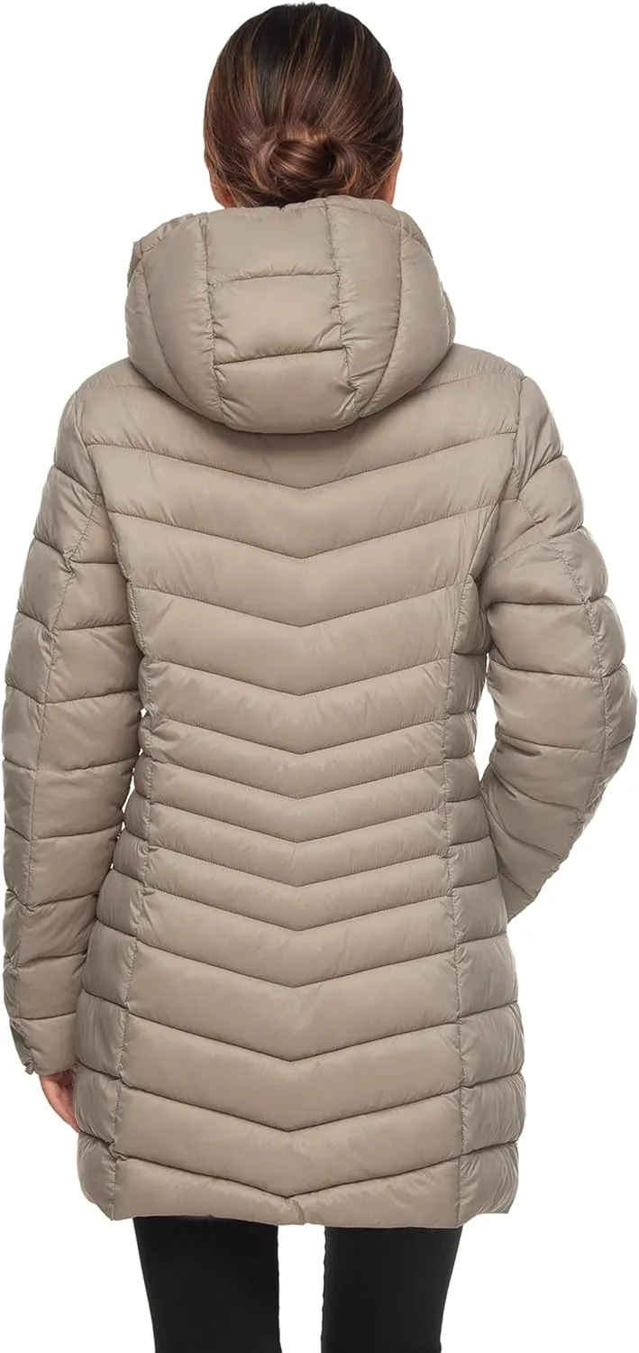 Rokka&Rolla Women's Lightweight Packable Puffer Jacket Water-Resistant Hooded Winter Long Coat