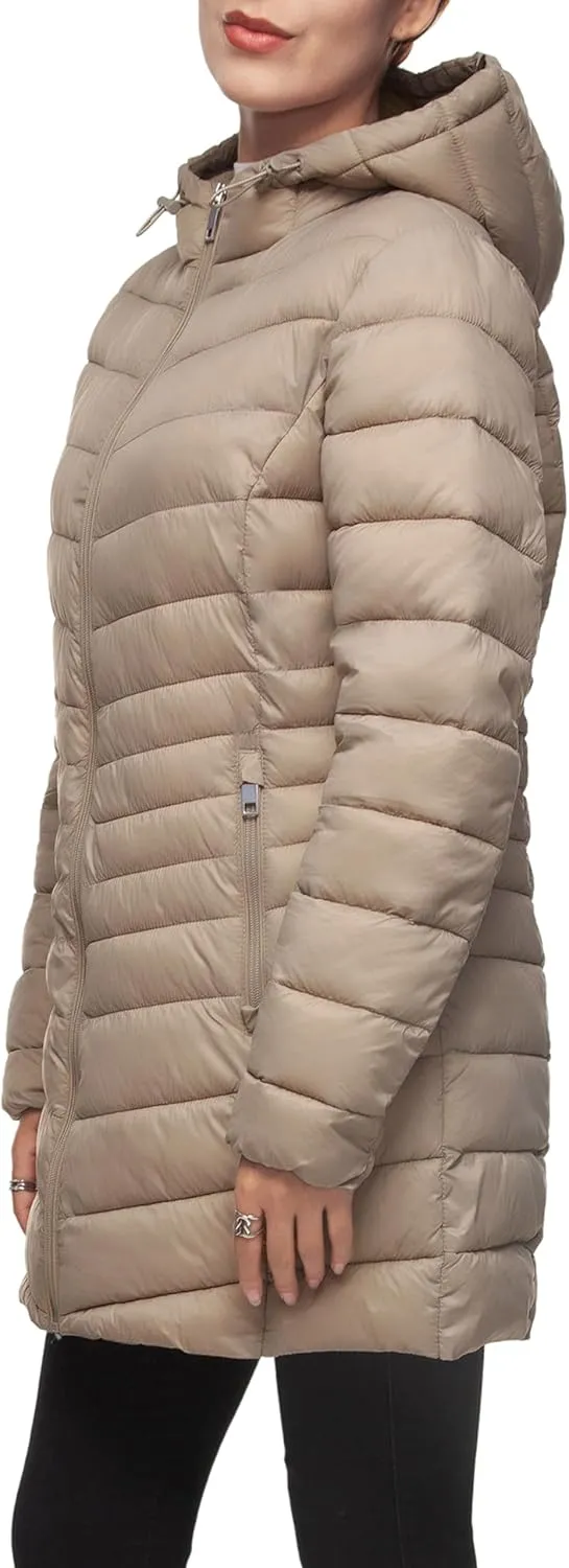 Rokka&Rolla Women's Lightweight Packable Puffer Jacket Water-Resistant Hooded Winter Long Coat