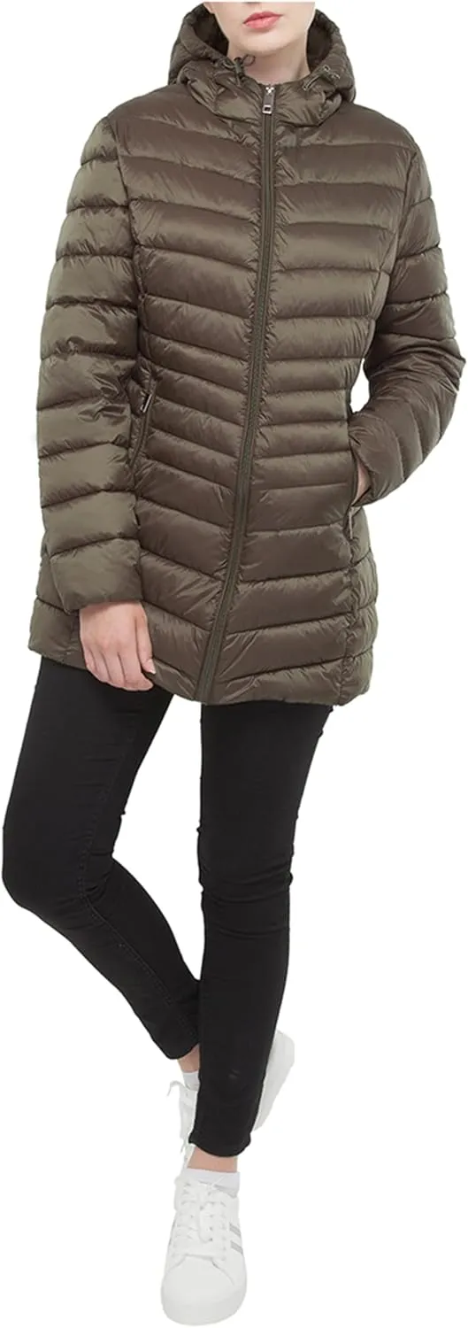 Rokka&Rolla Women's Lightweight Packable Puffer Jacket Water-Resistant Hooded Winter Long Coat
