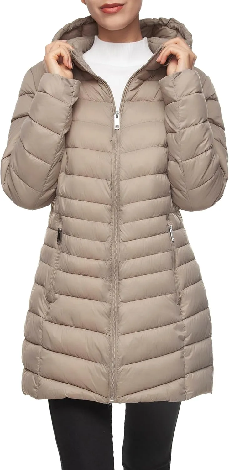 Rokka&Rolla Women's Lightweight Packable Puffer Jacket Water-Resistant Hooded Winter Long Coat