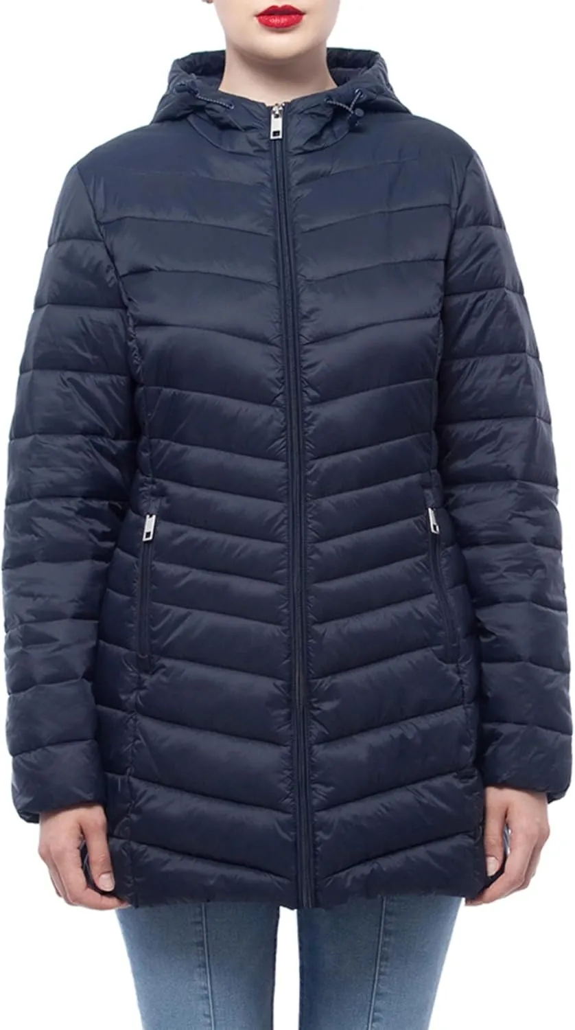 Rokka&Rolla Women's Lightweight Packable Puffer Jacket Water-Resistant Hooded Winter Long Coat
