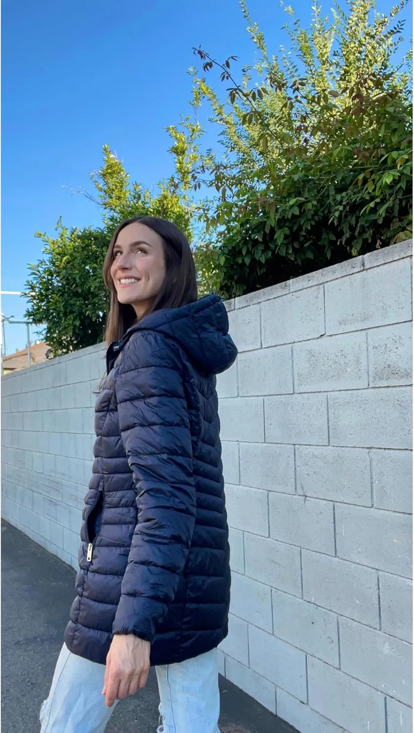 Rokka&Rolla Women's Lightweight Packable Puffer Jacket Water-Resistant Hooded Winter Long Coat