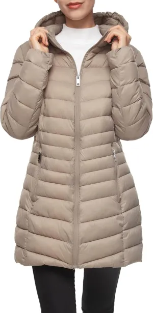 Rokka&Rolla Women's Lightweight Packable Puffer Jacket Water-Resistant Hooded Winter Long Coat