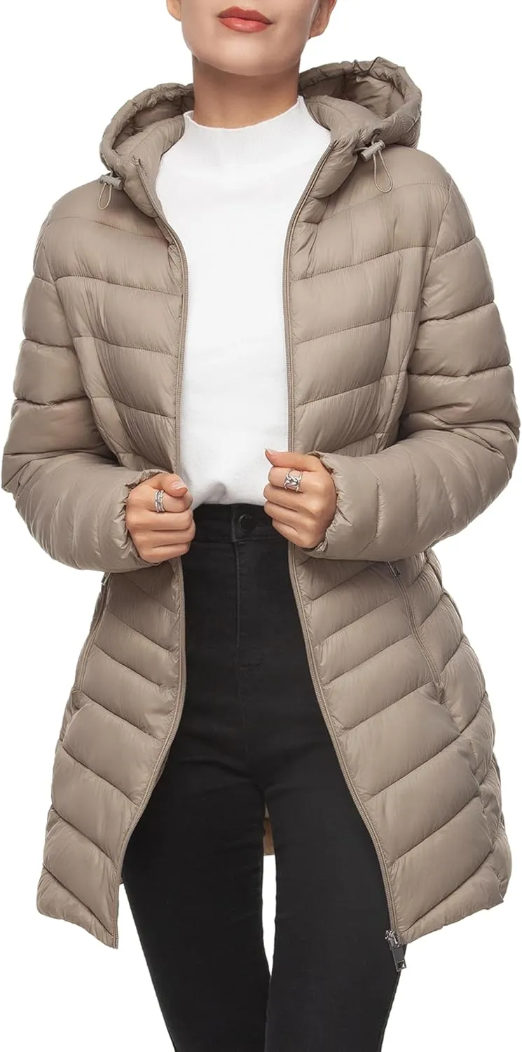 Rokka&Rolla Women's Lightweight Packable Puffer Jacket Water-Resistant Hooded Winter Long Coat