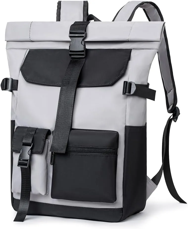 Roll Top Laptop Backpack, College Backpack with Multiple Pockets for 15.6 Inch Laptop (Light Grey   Black)