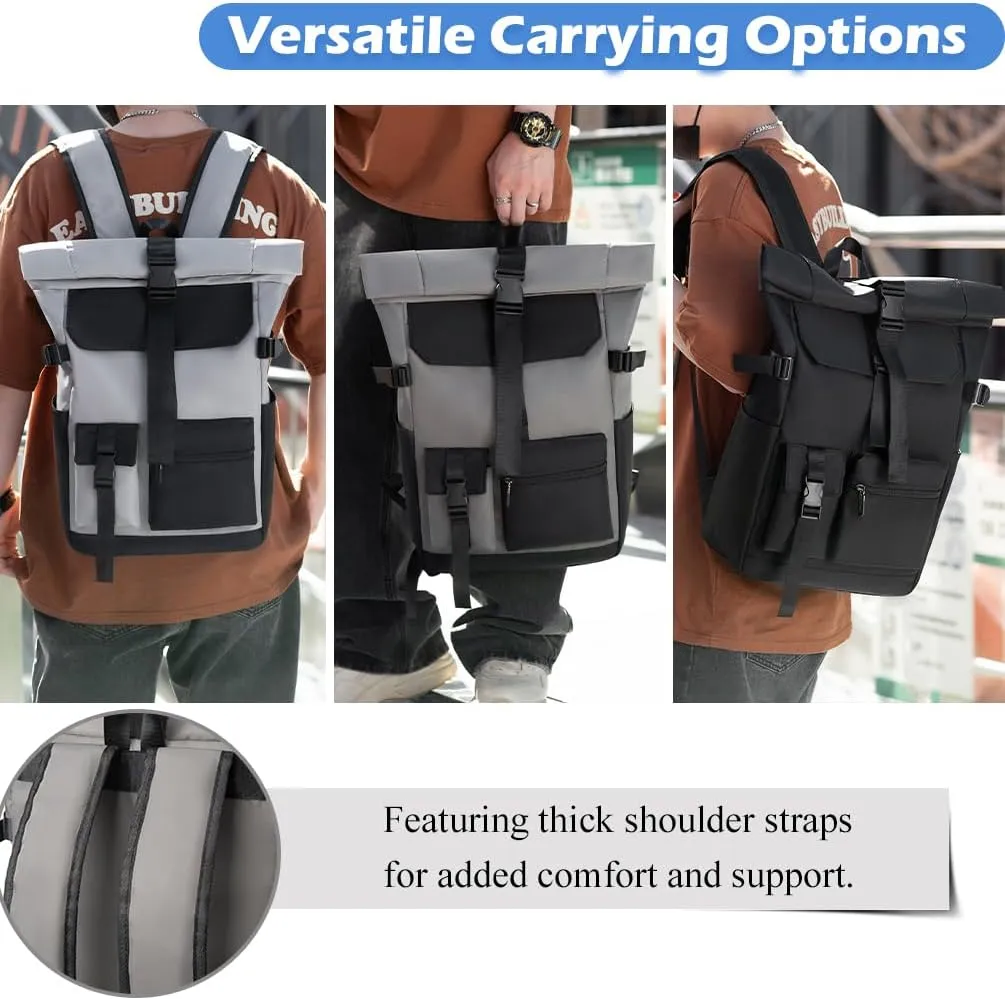 Roll Top Laptop Backpack, College Backpack with Multiple Pockets for 15.6 Inch Laptop (Light Grey   Black)