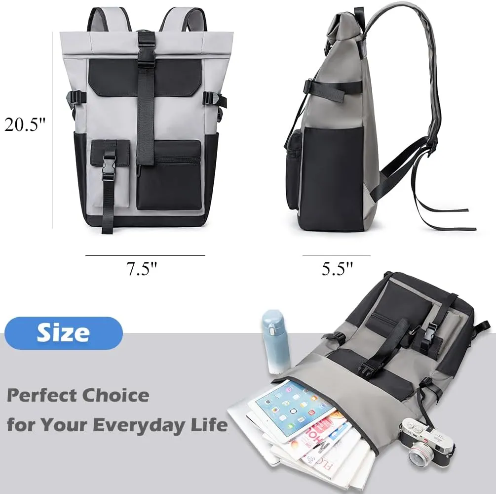 Roll Top Laptop Backpack, College Backpack with Multiple Pockets for 15.6 Inch Laptop (Light Grey   Black)