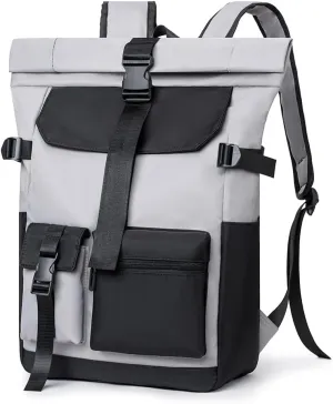 Roll Top Laptop Backpack, College Backpack with Multiple Pockets for 15.6 Inch Laptop (Light Grey   Black)