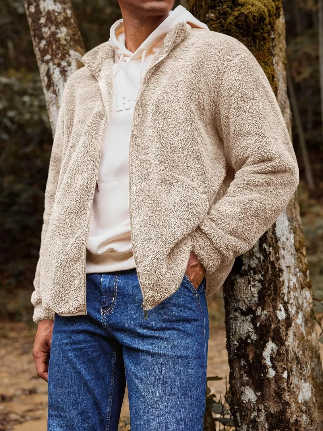 Runcati Mens Fuzzy Sherpa Jacket Cardigan Fleece Long Sleeve Full Zip Open Front Thermal Coat Fall Winter Outwear