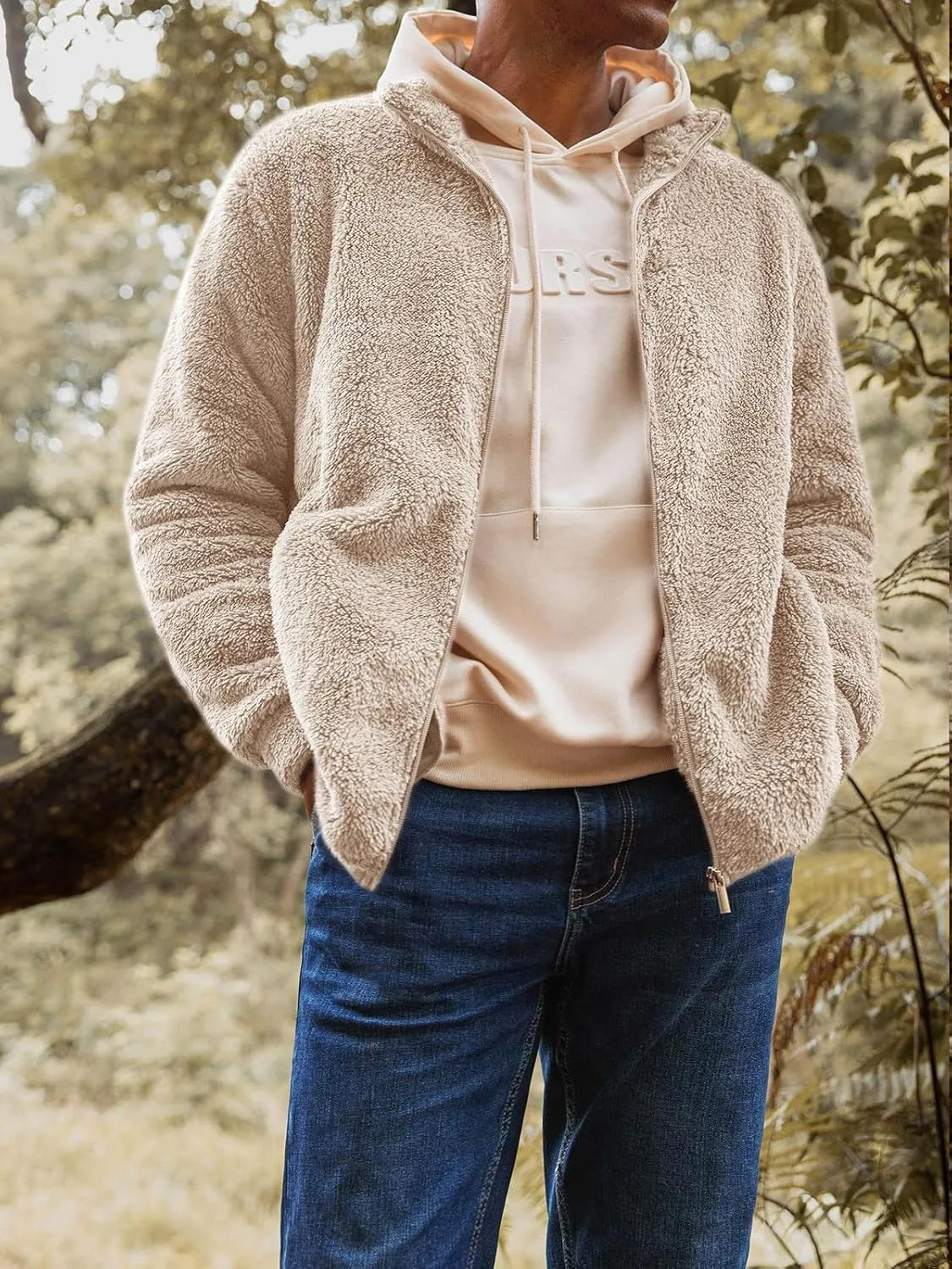 Runcati Mens Fuzzy Sherpa Jacket Cardigan Fleece Long Sleeve Full Zip Open Front Thermal Coat Fall Winter Outwear