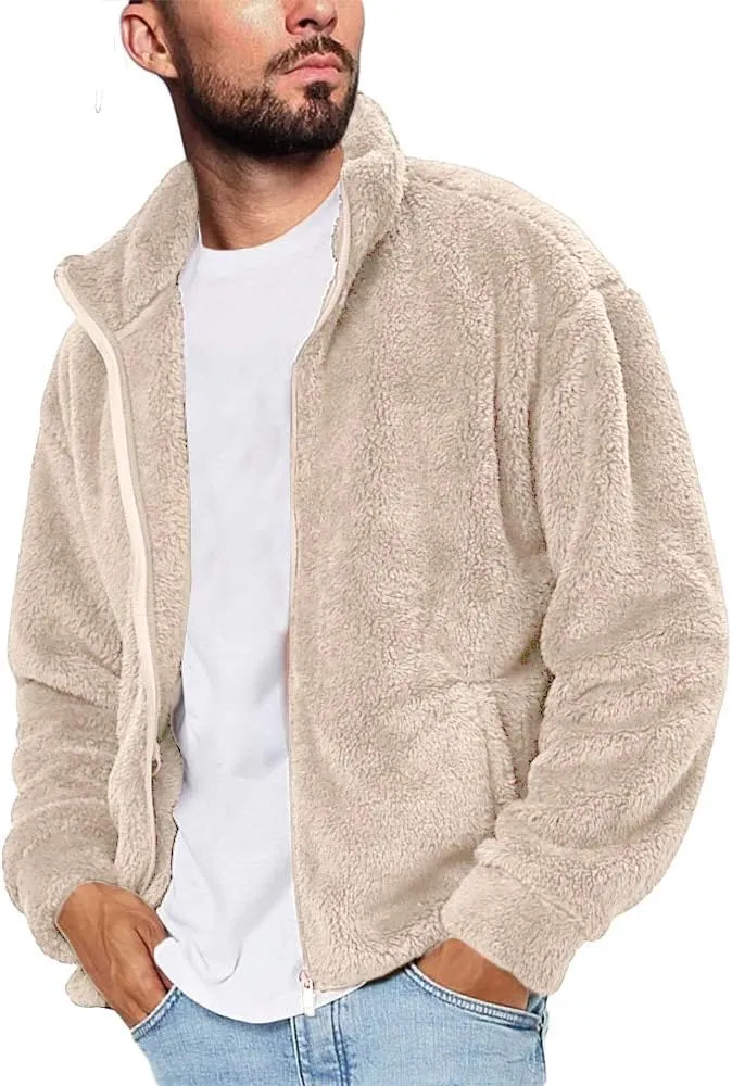Runcati Mens Fuzzy Sherpa Jacket Cardigan Fleece Long Sleeve Full Zip Open Front Thermal Coat Fall Winter Outwear