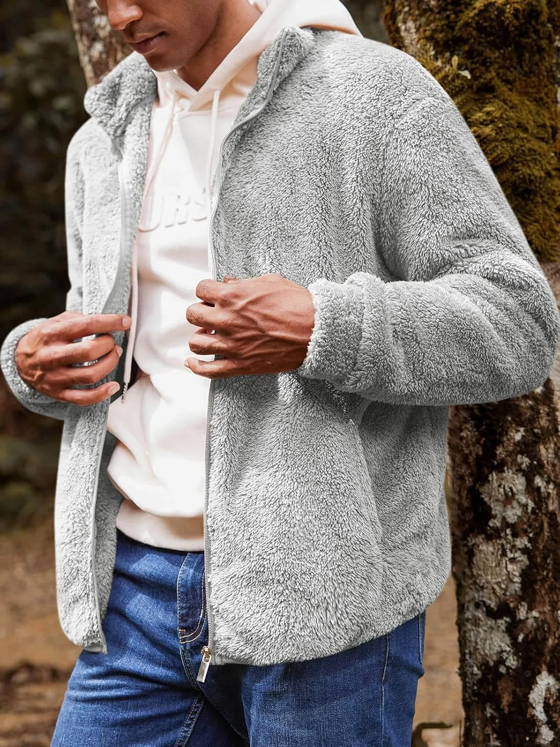 Runcati Mens Fuzzy Sherpa Jacket Cardigan Fleece Long Sleeve Full Zip Open Front Thermal Coat Fall Winter Outwear