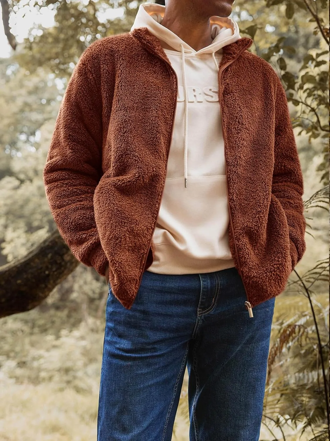 Runcati Mens Fuzzy Sherpa Jacket Cardigan Fleece Long Sleeve Full Zip Open Front Thermal Coat Fall Winter Outwear